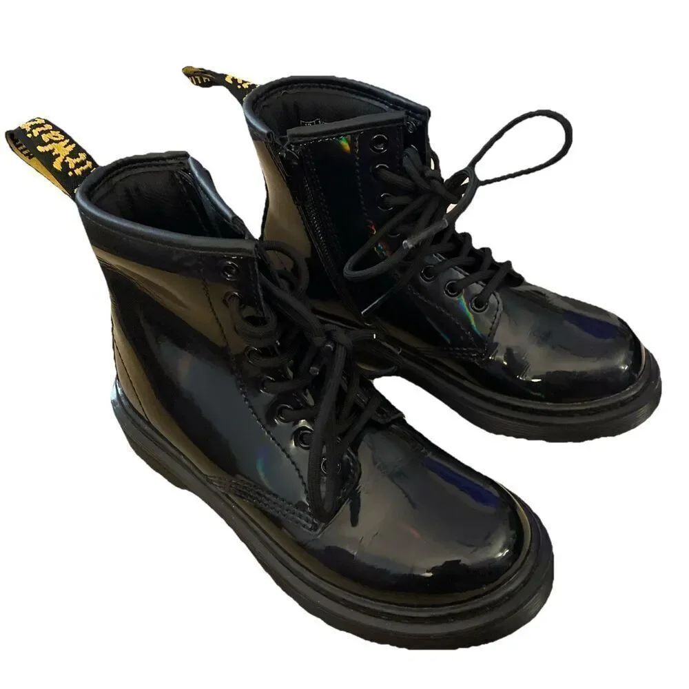 Dr Martens Jr Combat Black Glossy Leather J Zip Up Boots Size 13 US - Picture 4 of 6